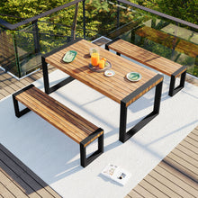 Load image into Gallery viewer, 3 Pieces Outdoor Dining Table With 2 Benches, Patio Dining Set With Unique Top Texture, Acacia Wood Top & Steel Frame, All Weather Use, For Outdoor & Indoor - Natural