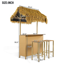 Load image into Gallery viewer, Hawaiian-Style Bar Height Patio Set With PE Grass Canopy, Outdoor Bar Table And Stools With Adjustable Feet, Acacia Wood Top, For Dining And Drinking - Natural