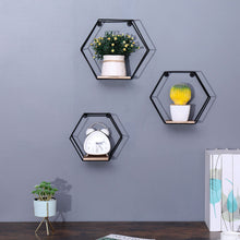 Load image into Gallery viewer, Wall Mounted Hexagonal Floating Shelves - Black (Set of 3) In Different Sizes, Modern Metal Wall Shelf, Simple Wood Partition Storage Shelves, Wall Decor Rack - Natural Wood