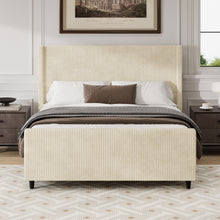 Load image into Gallery viewer, Corduroy Upholstered Bed Frame With Vertical Stripe Wingback And High Footboard