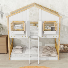 Load image into Gallery viewer, House Bunk Bed With Roof, Window, Window Box, Door, With Safety Guardrails And Ladder