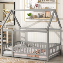 Load image into Gallery viewer, Floor Wooden Bed With House Roof Frame, Fence Guardrails