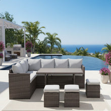 Load image into Gallery viewer, 7 Piece All Weather Patio Dining Set With Cushions, Sectional Sofa, Ottomans & Table For Backyard - Gray / Brown