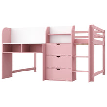 Load image into Gallery viewer, Low Loft Bed With Built In Desk, Storage Cabinets, Open Bookcase And Doodle board