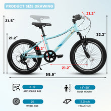 Load image into Gallery viewer, S20101 20" Kids' Bike, Boys Girls Mountain Bike Ages 8-12, 7 Speed Teenager Children Kids' Bicycles, Front Suspension Disc Brake Rear V-Brake, High Steel Frame