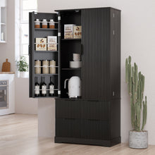 Load image into Gallery viewer, Fluted Kitchen Pantry Cabinet With 2 Large Drawers & 8 Door Spice Rack