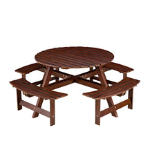 Load image into Gallery viewer, 8 Person Round Picnic Table With 4 Built In Benches, Umbrella Hole For Garden - Brown