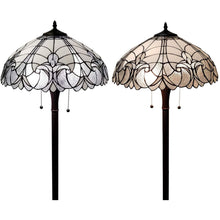 Load image into Gallery viewer, Two Light Torchiere Floor Lamp With White Fleur De Lis Stained Glass Dome Shade - Brown