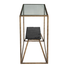Load image into Gallery viewer, Stone And Glass And Iron Frame Console Table With Shelf - Clear / Brass