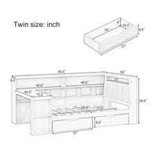 Load image into Gallery viewer, L Shaped Daybed With Desk, Bookcase, Upholstered Headboard, Drawers, And LED Light