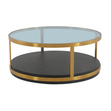 Load image into Gallery viewer, Glass Wood And Metal Round Coffee Table With Shelf - Clear Black And Gold