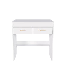 Load image into Gallery viewer, Flip Top Vanity Desk With LED Mirror & Outlet Makeup Table With 2 Drawers, Open Storage, And Jewelry Hooks - White