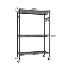 Load image into Gallery viewer, Heavy Duty Rolling Clothes Rack With 3 Tier Shelves, 2 Rails & Side Hooks, Adjustable Freestanding Organizer Metal - Black