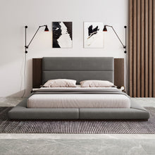 Load image into Gallery viewer, Floor Upholstered Platform Bed With Extended Headboard & Bedside Shelf