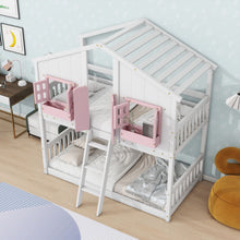 Load image into Gallery viewer, House Bunk Bed With Roof, Window, Window Box, Door, With Safety Guardrails And Ladder