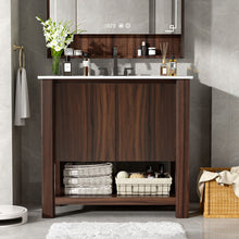 Load image into Gallery viewer, 36" Modern Bathroom Vanity With Rectangle Ceramic Sink, Bathroom Cabinet And 45 Degrees Free Handle Design Soft Closing Doors, 1 Open Shelf At The Bottom - Dark Brown