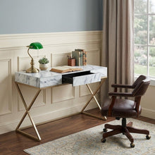 Load image into Gallery viewer, 45" White and Bronze Glass and Iron Sled With Two Drawers