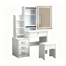 Load image into Gallery viewer, Vanity Desk With Mirror And Lights For Makeup And Chair Set With 3 Adjustable LED Lighting, 4 Drawers - White