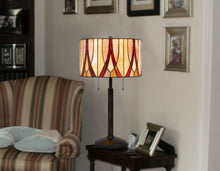 Load image into Gallery viewer, Metal Two Light Table Lamp With Red And Ivory Drum Shade - Bronze
