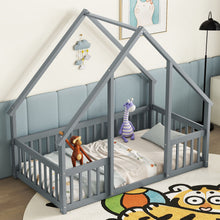 Load image into Gallery viewer, Wood House-Shaped Floor Bed With Fence, Guardrails