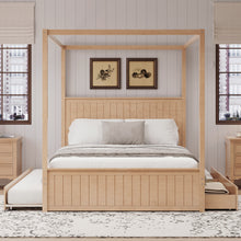 Load image into Gallery viewer, Queen Size Canopy Platform Bed With Trundle And 3 Storage Drawers, 4 Post, No Box Spring Needed - Natural