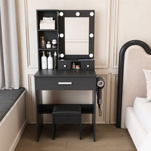 Load image into Gallery viewer, Vanity Table With Mirror, Adjustable LED Lights, Power Outlet, Hairdryer Holder & Stool