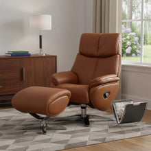 Load image into Gallery viewer, Tufted Genuine Leather Manual Swivel Recliner With Ottoman (730572) - Russet