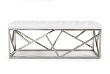 Load image into Gallery viewer, 48" White and Silver Tufted Faux Leather Upholstered Bench