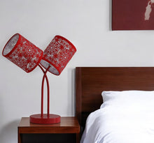 Load image into Gallery viewer, 17" Red Metal Two Light Table Lamp With Red Abstract Drum Shade