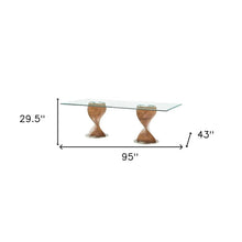 Load image into Gallery viewer, 95" Clear And Brown Glass And Solid Wood Double Pedestal Base Dining Table