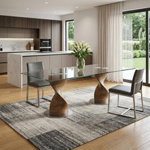 Load image into Gallery viewer, 95" Clear And Brown Glass And Solid Wood Double Pedestal Base Dining Table