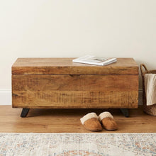 Load image into Gallery viewer, 46" Brown and Black Distressed Solid Wood Storage Bench with Flip Top