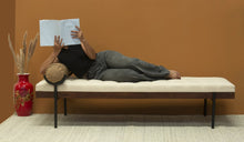 Load image into Gallery viewer, 72" Ivory Brown And Black Tufted Cotton Wood And Metal Cushioned Bench With Pillow