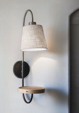 Load image into Gallery viewer, Metal Wall Lamp With Usb Charging Station Wood Shelf - Antique Brass / Black