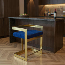 Load image into Gallery viewer, 26" Metal And Velvet Low Back Counter Height Bar Chair - Blue / Gold