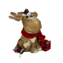 Load image into Gallery viewer, Straw Reindeer Christmas Reindeer Figurine - Brown / Red / Green