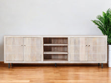 Load image into Gallery viewer, 92" Carved Geometric Distressed Solid Wood Enclosed And Open Storage TV Stand - Ivory