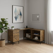 Load image into Gallery viewer, 60" Brown and Black L Shape Computer Desk With Three Drawers