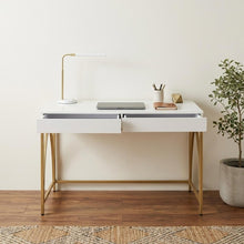 Load image into Gallery viewer, 50" White and Gold Writing Desk With Two Drawers