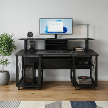 Load image into Gallery viewer, 72" Black Wood and Metal Rolling Computer Desk