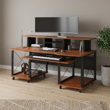 Load image into Gallery viewer, 72" Brown and Black Wood and Metal Rolling Computer Desk