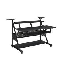 Load image into Gallery viewer, 67" Black Wood and Metal Rolling Computer Desk