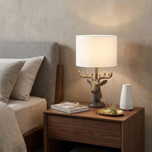 Load image into Gallery viewer, 18" Antiqued Bronzed Stag Bust Table Lamp With White Drum Shade