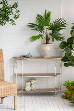 Load image into Gallery viewer, 3 Tiered Wooden Shelving Unit With Ornate Iron Frame - Multicolor