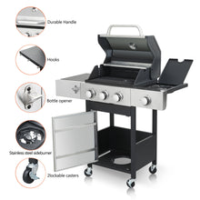 Load image into Gallery viewer, 3 Burner Propane Gas Bbq Grill With Side Burner, 37230Btu Output With Enameed Cast Iron Cooking Grids For Outdoor Barbecue, Stainless Steel - Black / Silver