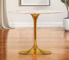 Load image into Gallery viewer, 40" Rounded Stone And Metal Pedestal Base Dining Table - Gold