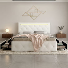 Load image into Gallery viewer, Upholstered Bed Frame With LED Lights, 4 Storage Drawers, Charging Station