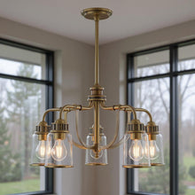 Load image into Gallery viewer, 21" Five Light Dimmable Chandelier With Shades - Antiqued Brass