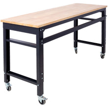 Load image into Gallery viewer, Wide Rolling Workbench For Garage, Adjustable Height, Workshop Tool Bench, Metal With Rubber Wood Top