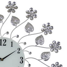 Load image into Gallery viewer, Silent Analog Floral Round Wall Clock - Silver / Silver / White